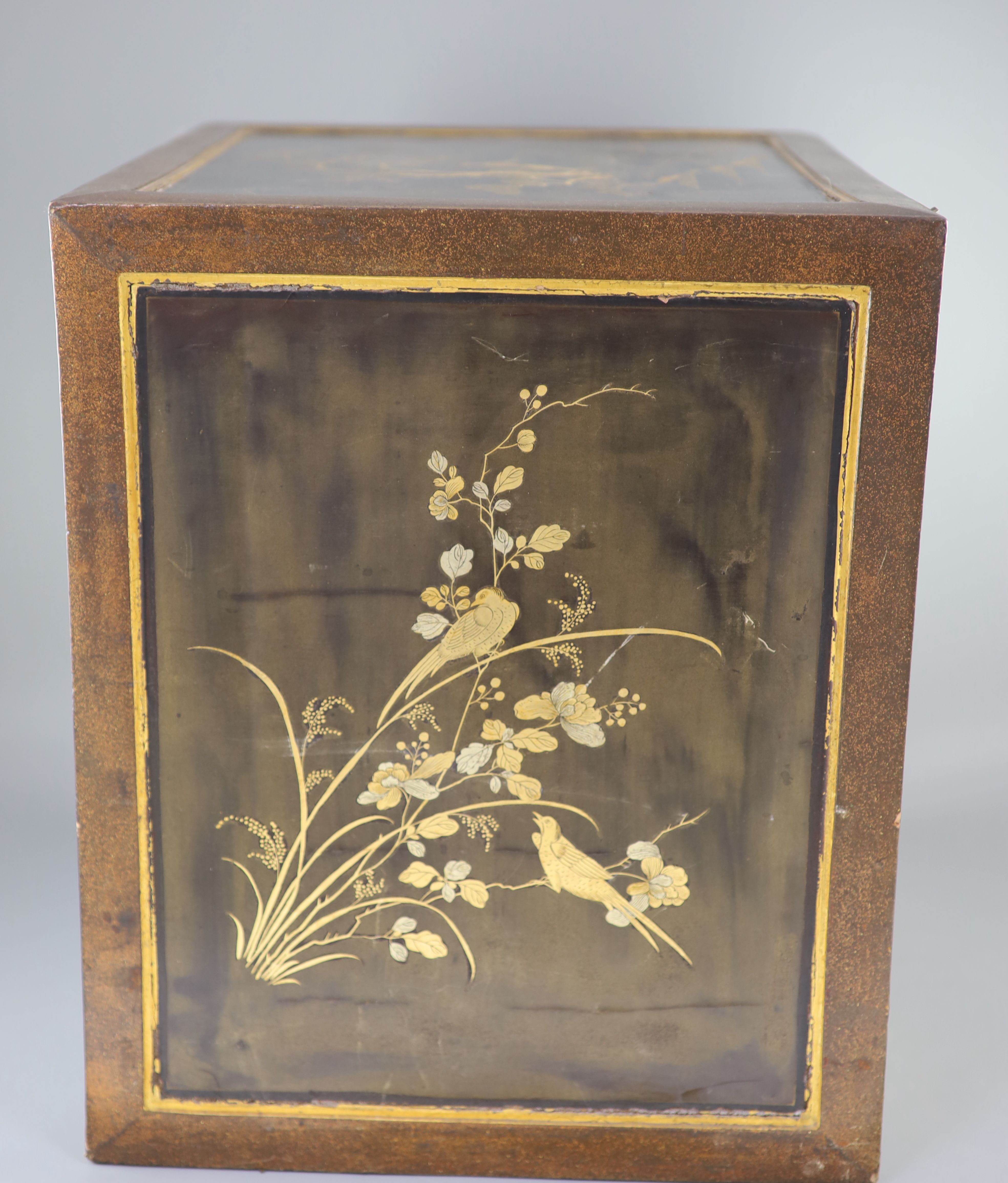 A Japanese gilt decorated black lacquer shrine cabinet, 19th century, 46cm high, 46cm wide, 38cm deep, Provenance - A. T. Arber-Cooke